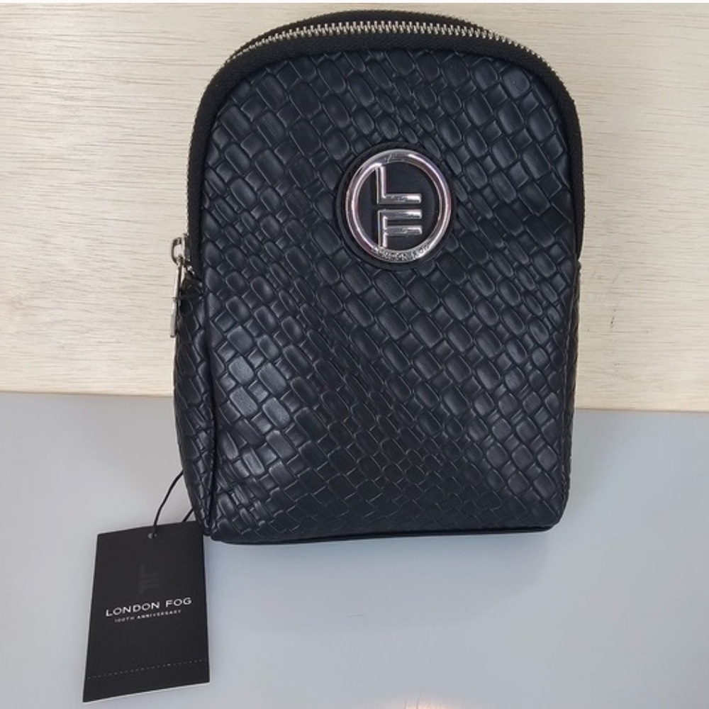 London Fog Broadway Double Compartment Black Woven Sling Bag